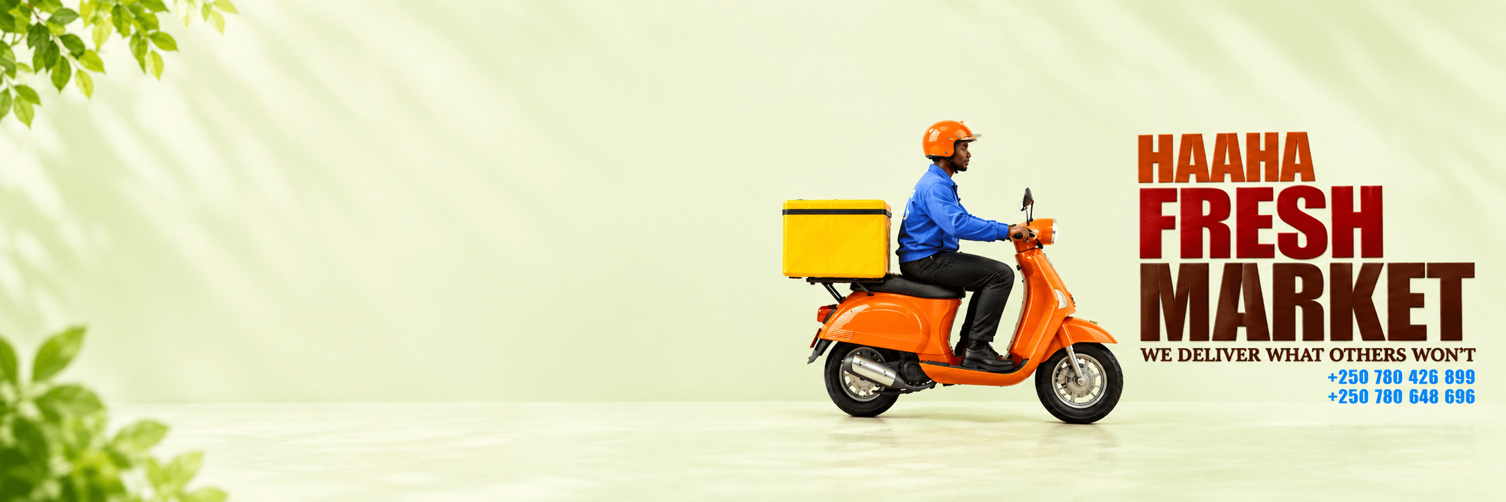 HAAHA Fresh Market delivery rider on an orange scooter with a yellow delivery box
